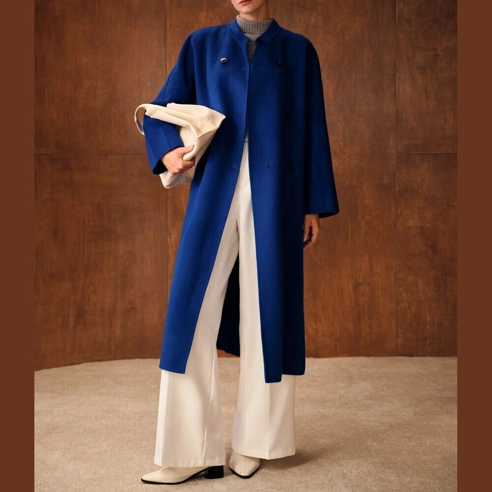 Cobalt Blue Wool Stand Collar Double Breasted Midi Trench Coat